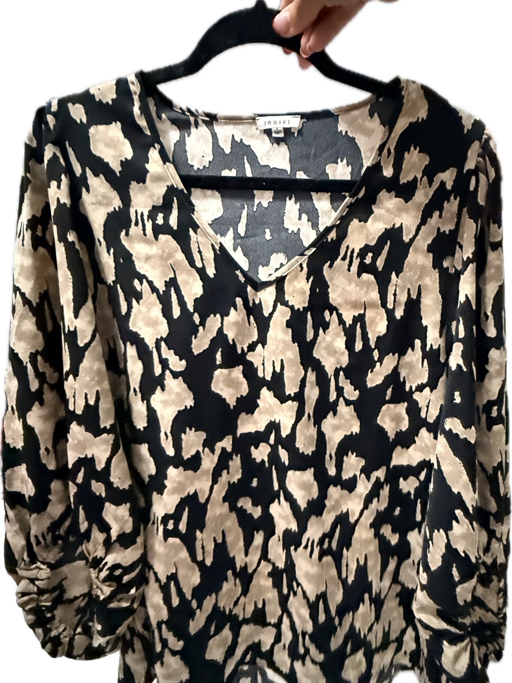 JODIFL Black and Beige Abstract V-Neck Blouse